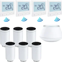 SALUS - Set Van 6 Slimme Thermostaatkoppen + Centrale+ 4 Draadloze Thermostaten - Wit