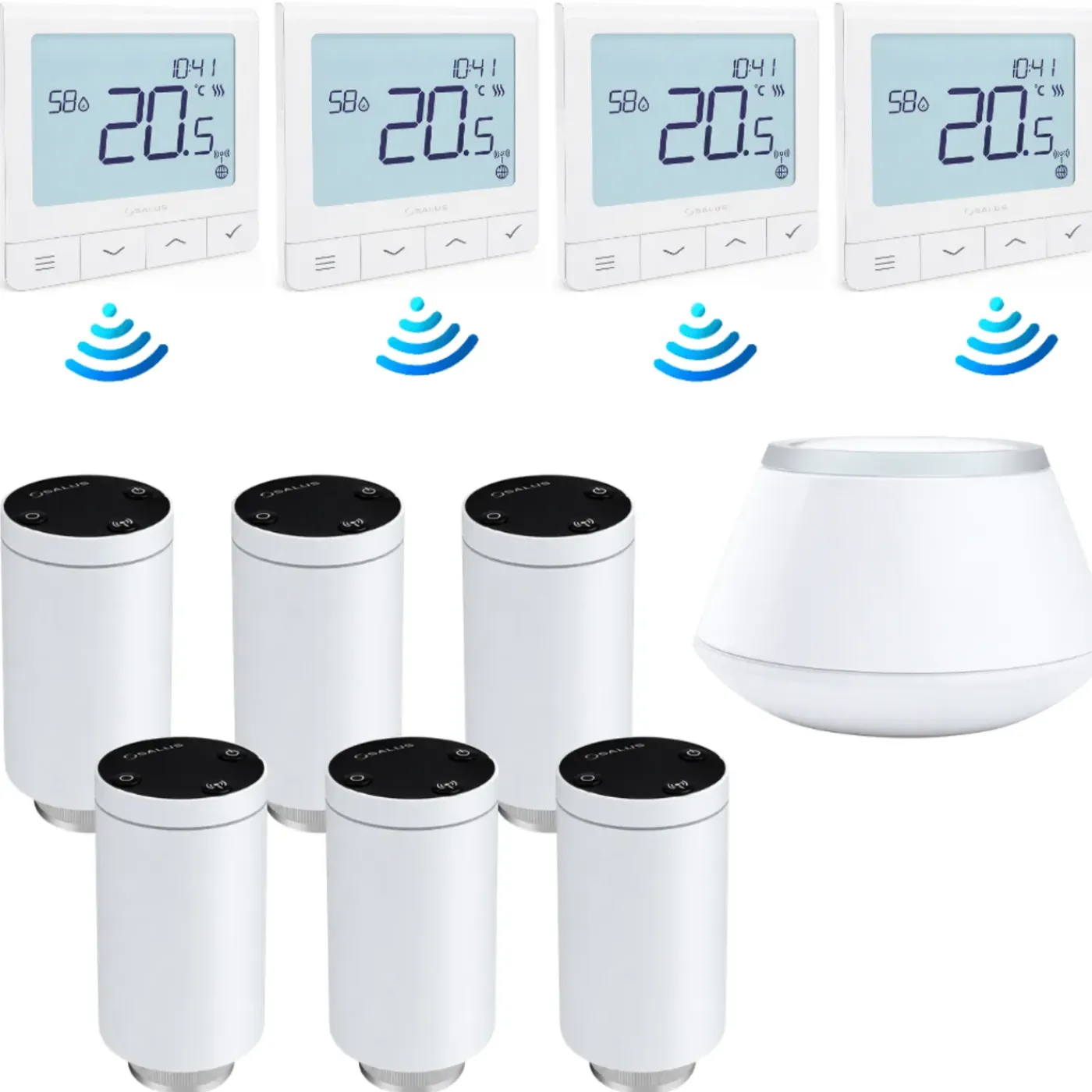 SALUS - Set Van 6 Slimme Thermostaatkoppen + Centrale+ 4 Draadloze Thermostaten - Wit