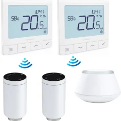 SALUS - Set Van 2 Slimme Thermostaatkoppen + Centrale+ 2 Draadloze Thermostaten - Wit