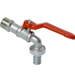 Sanivesk tap-kogelkraan met hendelbediening + slangwartel nikkel ( buitendraad x buitendraad ) 1/2" x 3/4"