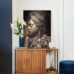 Overig Schilderij Afrikaanse Vrouw - 50x70 cm - Bruin - Hout