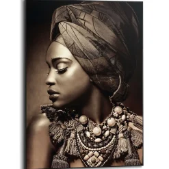 Overig Schilderij Afrikaanse Vrouw - 50x70 cm - Bruin - Hout