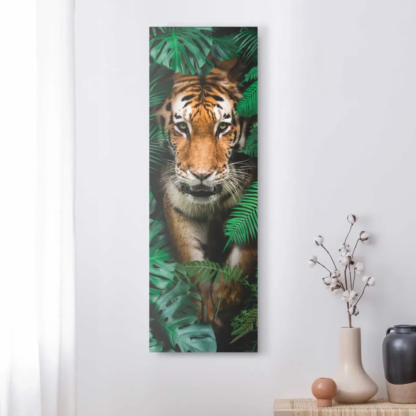 Schilderij Jungle Tijger - 30x90 cm - Groen - Hout