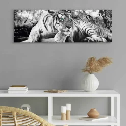 Overig Schilderij Tijger - 90x30 cm - Zwart-Wit - Hout