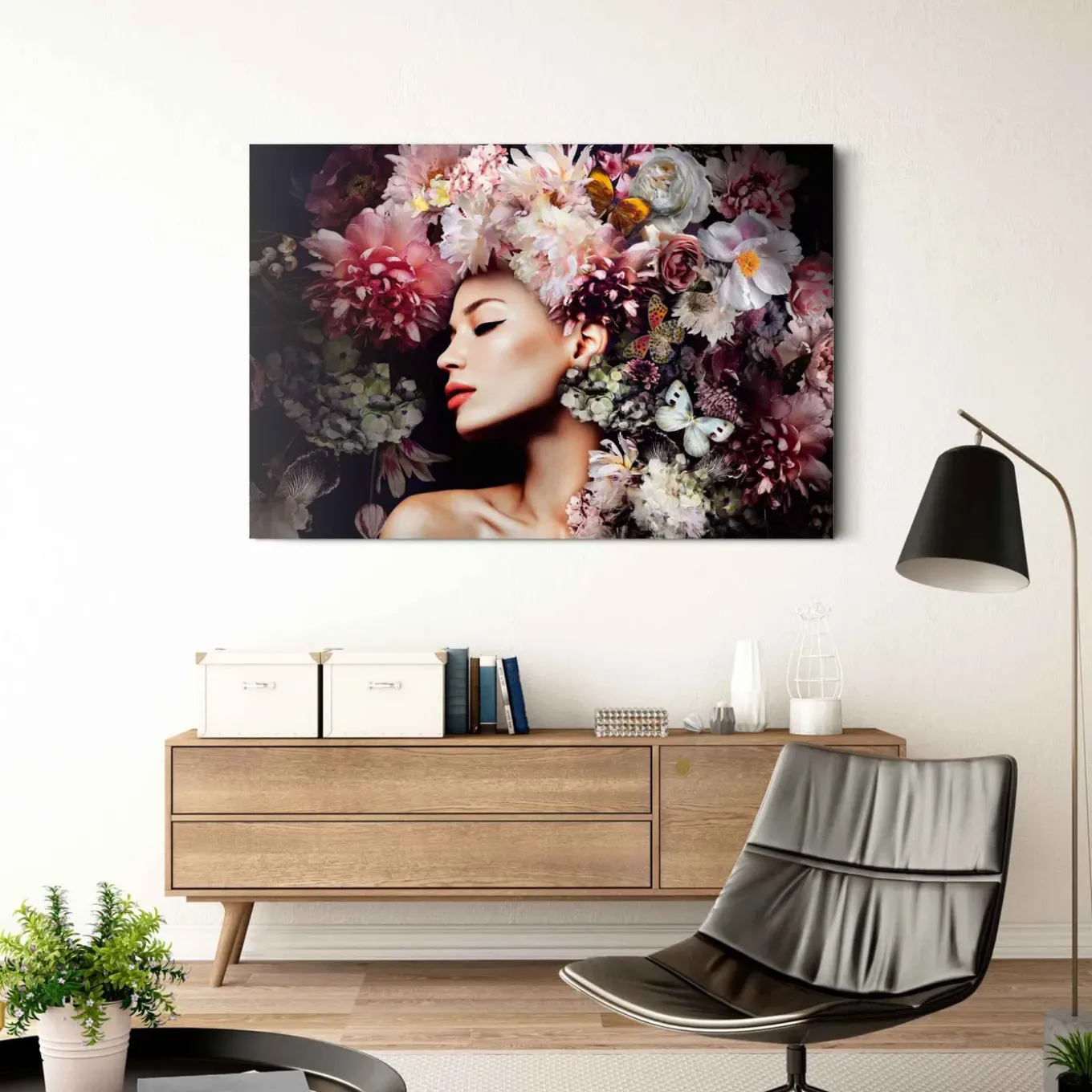 Schilderij Vrouw met Bloemenhoed - 116x78 cm - Bruin - Glas