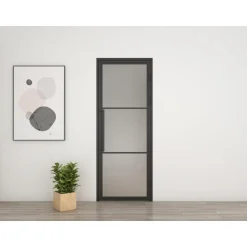 Schulte Complete Glazen Binnendeur – 99x235– Atelier– Matzwart – Satijn – 3 Ruiten–scharnier Rechts