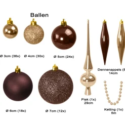 4seasonz Kerstballen Set 130 Kunststof - Ballen Piek En Parelsnoer Bruin