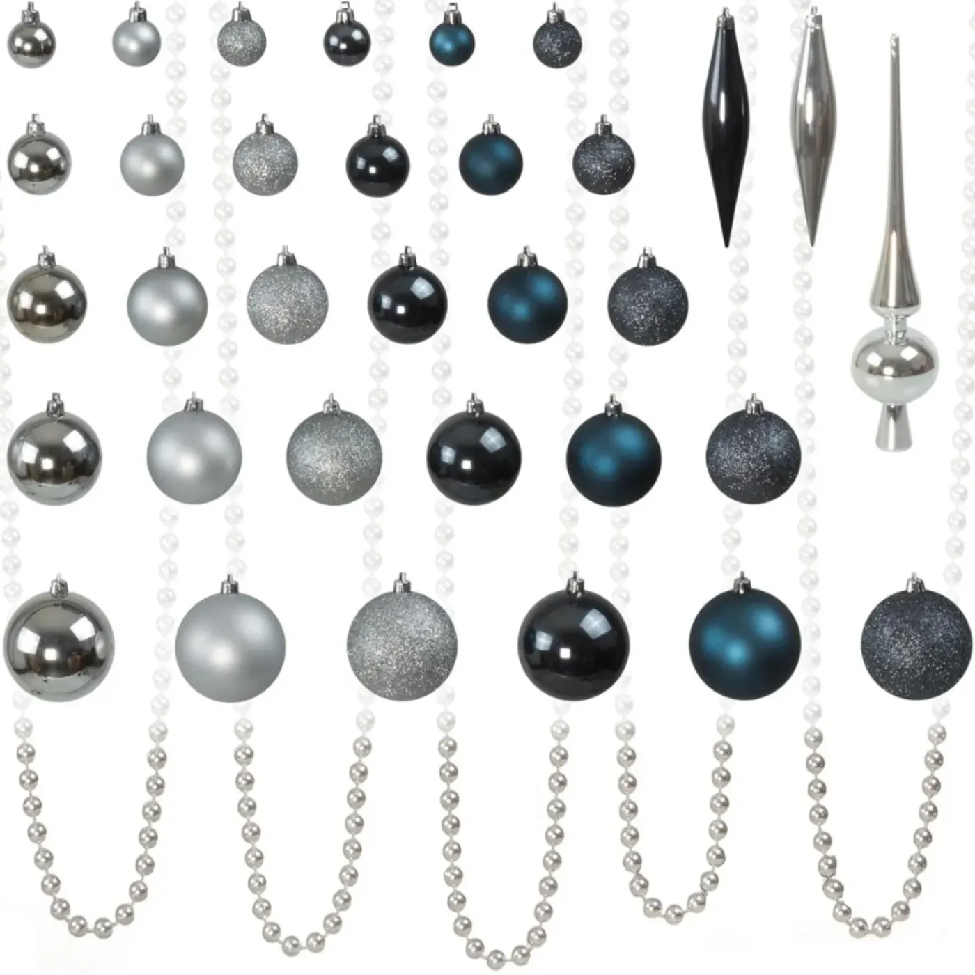 4seasonz Kerstballen Set 130 Kunststof - Ballen, Piek En Snoer - Zilver/blauw