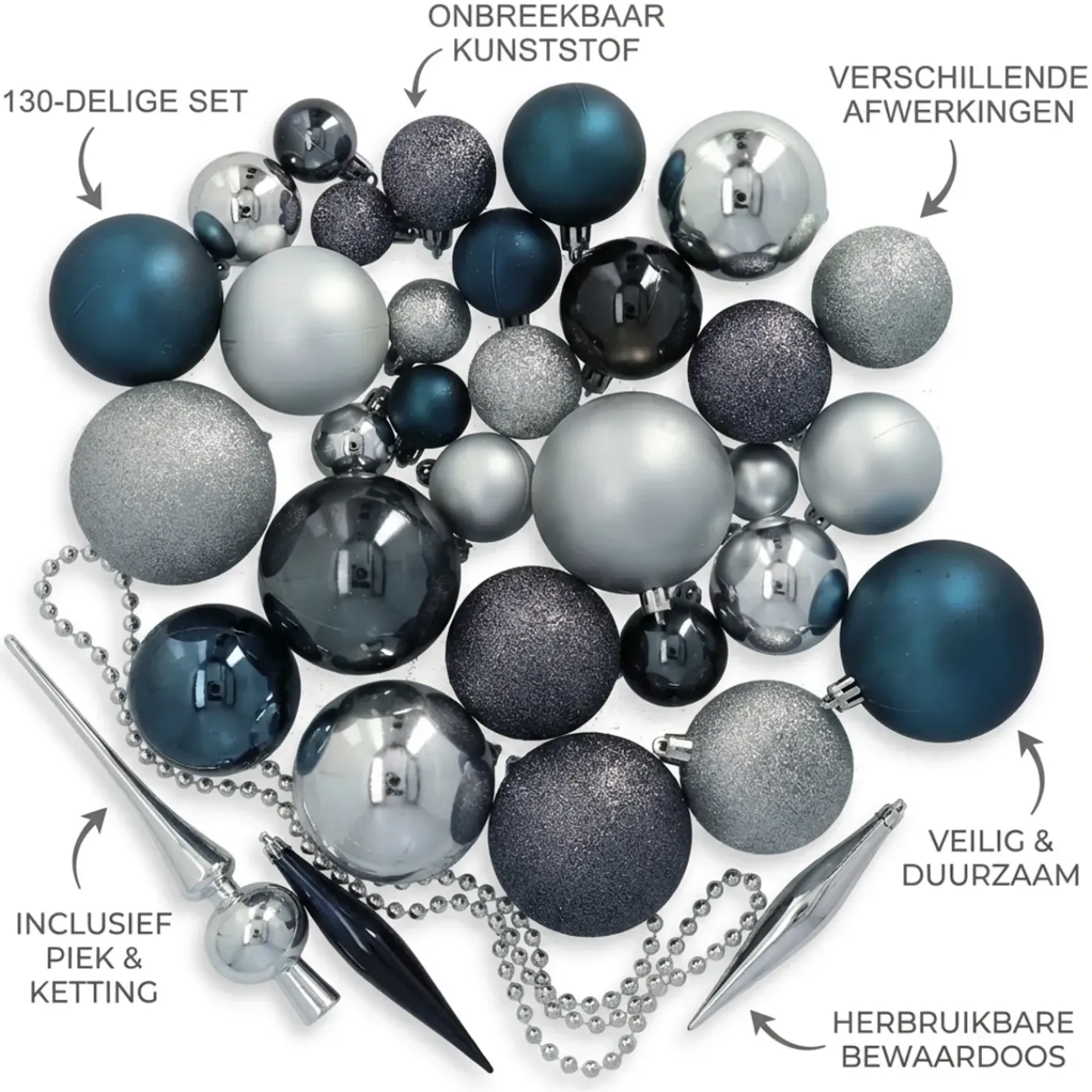 4seasonz Kerstballen Set 130 Kunststof - Ballen, Piek En Snoer - Zilver/blauw
