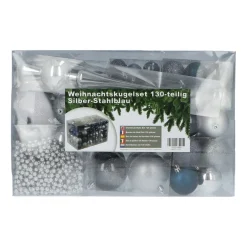 4seasonz Kerstballen Set 130 Kunststof - Ballen, Piek En Snoer - Zilver/blauw