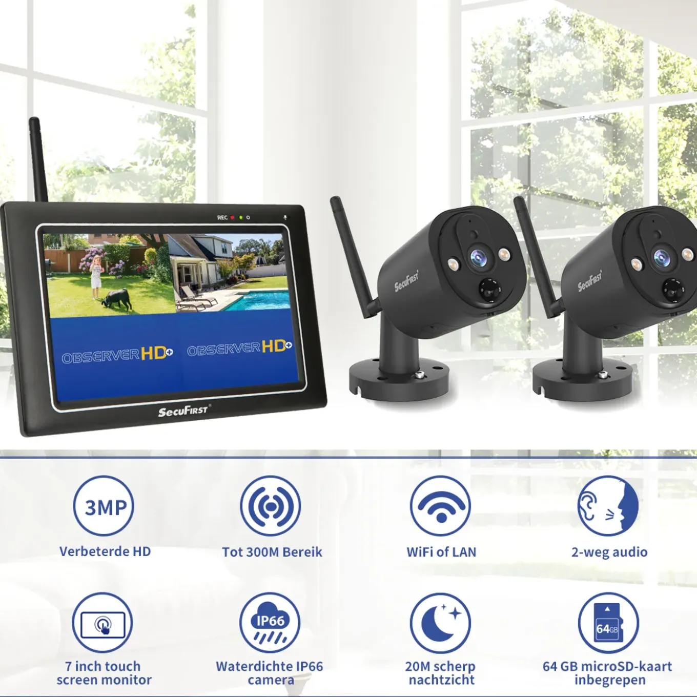 SecuFirst CWL401S/2 Met 7 inch monitor en 2x Draadloze Beveiligingscamera - Zwart