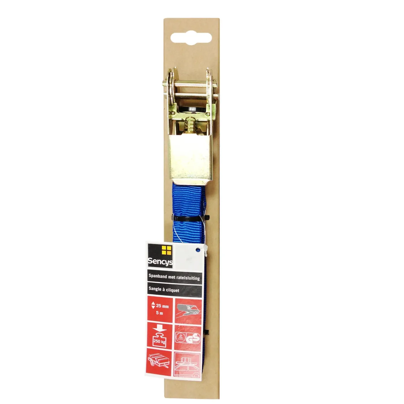 Sencys Ratelsjorband Blauw Met Haak - 5mx25mm - 500kg