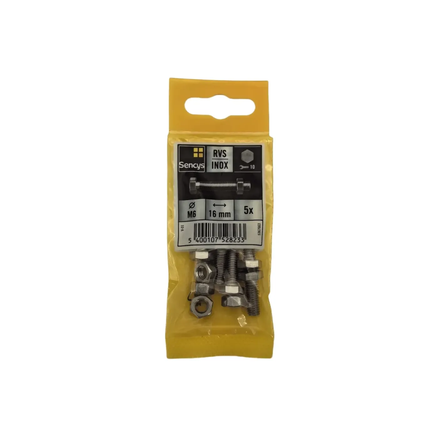 Sencys Zeskantbout met moer - Roestvrij staal - M6x16 mm