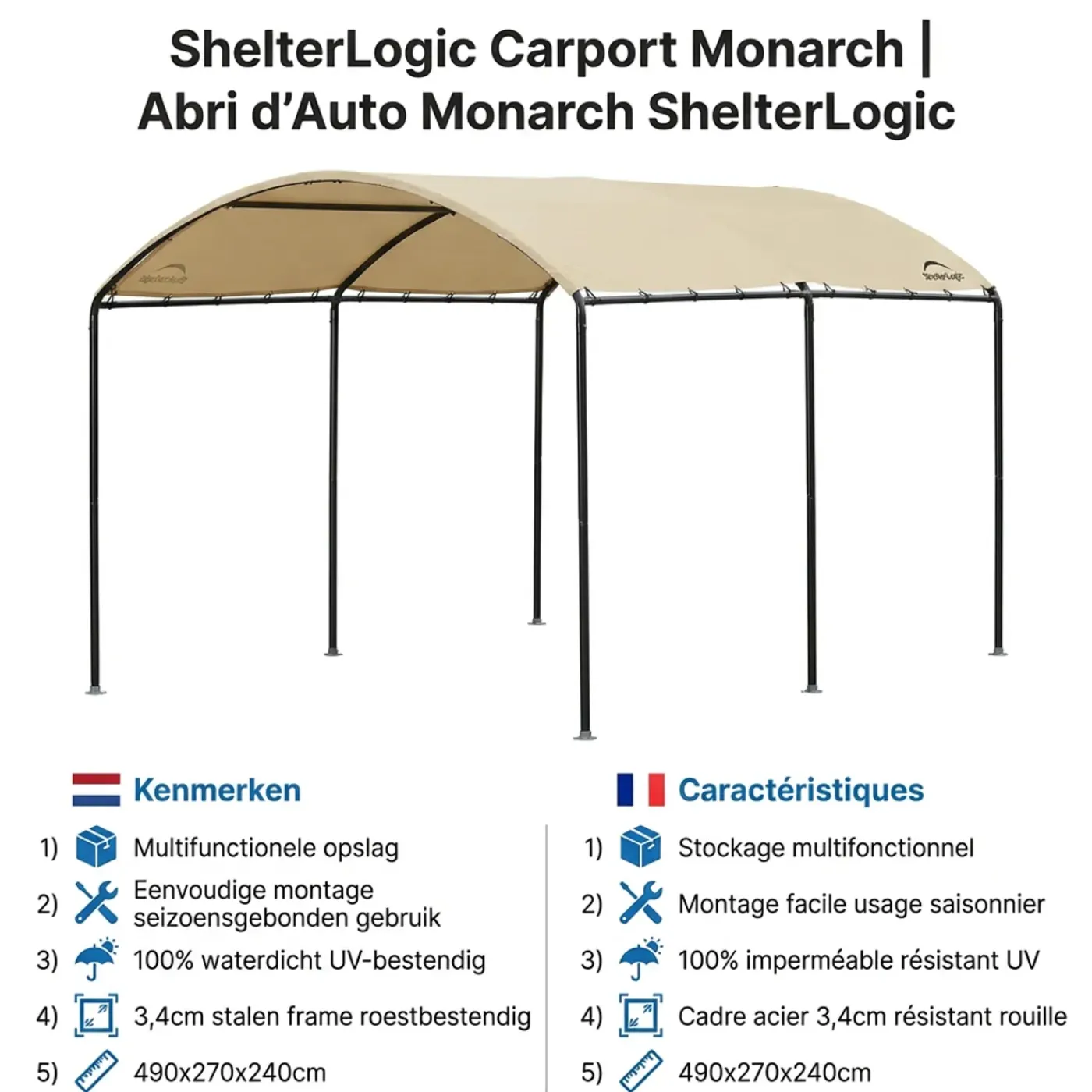 ShelterLogic Carport Monarch - Folie Carport 490x270x240 Cm - Beige