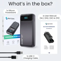 Siltcon Powerbank 30000mah - Usb-c 22.5w - 4 Kabels - Zwart