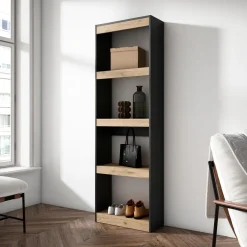 Skraut Home - Boekenkast - Boekenplank - 60x186x25 Cm - Eiken En Zwart