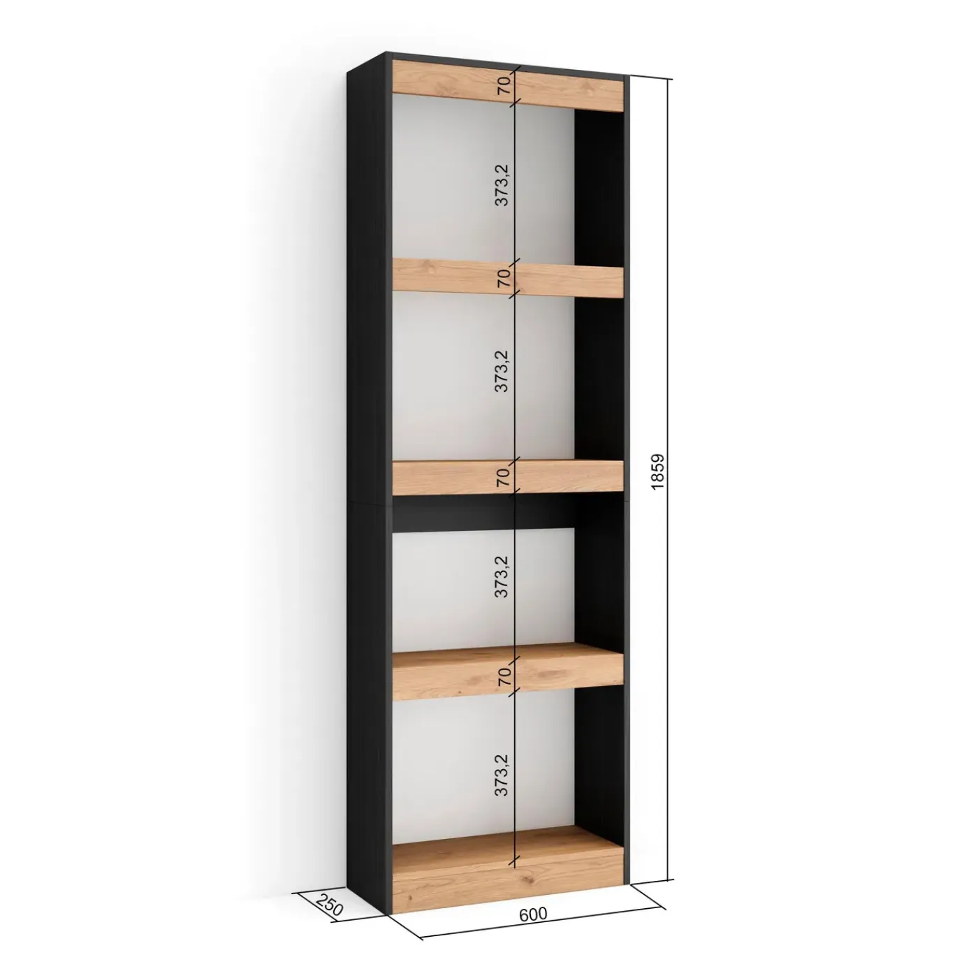 Skraut Home - Boekenkast - Boekenplank - 60x186x25 Cm - Eiken En Zwart