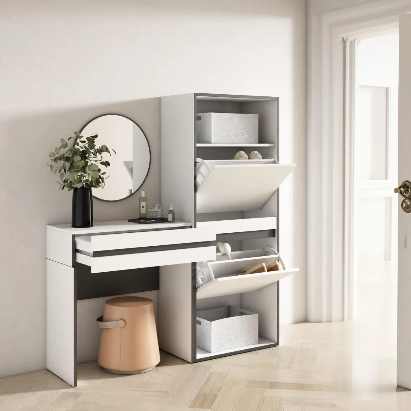 Skraut Home - Consoletafel Haltafel - Schoenenkast - 130x35x145 Cm - Wit