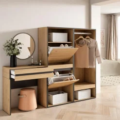 Skraut Home - Consoletafel Haltafel - Schoenenkast - Open Kledingkast - 190x35x145 Cm - Eiken