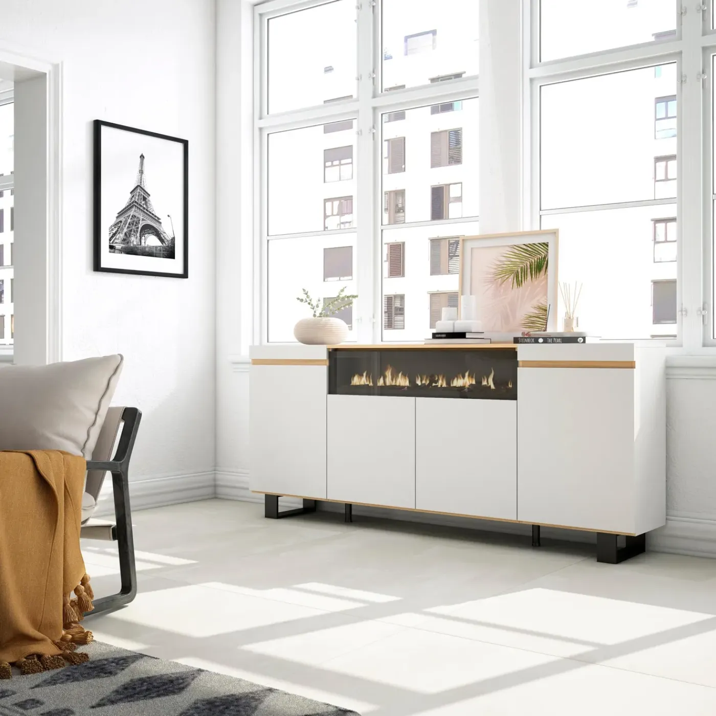 Skraut Home - Dressoir - Elektrische Haard - 200x35x87 Cm - Wit En Eiken Soft