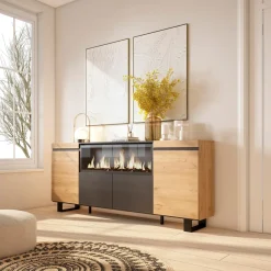 Skraut Home - Dressoir - Opbergkast - Met Elektrische Haard Xxl - 208x35x87 Cm - Eiken En Zwart