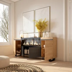 Skraut Home - Dressoir - Opbergkast - Met Elektrische Haard Xxl - 208x35x87 Cm - Eiken En Zwart