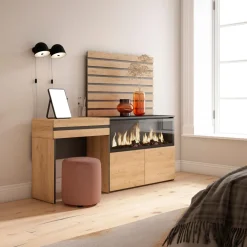 Skraut Home - Kaptafel Make Uptafel - Elektrische Haard Xxl - Lamellenwand Hout - 177x35x145 - Eiken