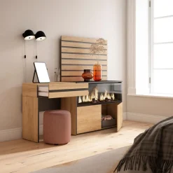 Skraut Home - Kaptafel Make Uptafel - Elektrische Haard Xxl - Lamellenwand Hout - 177x35x145 - Eiken