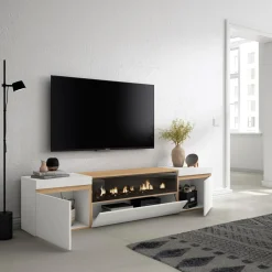 Skraut Home - Tv Meubel - Elektrische Haard - 200x35x45 Cm - Wit En Eiken Soft