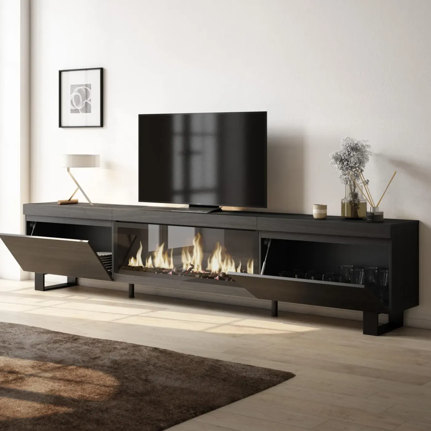 Skraut Home - Tv Meubel - Elektrische Haard Xxl - 267x35x57 Cm - Zwart