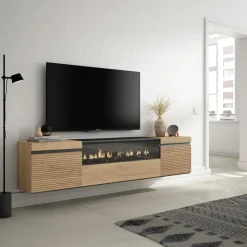 Skraut Home - Tv Meubel - Elektrische Haard - Hangend - 200x35x45 Cm - Eiken