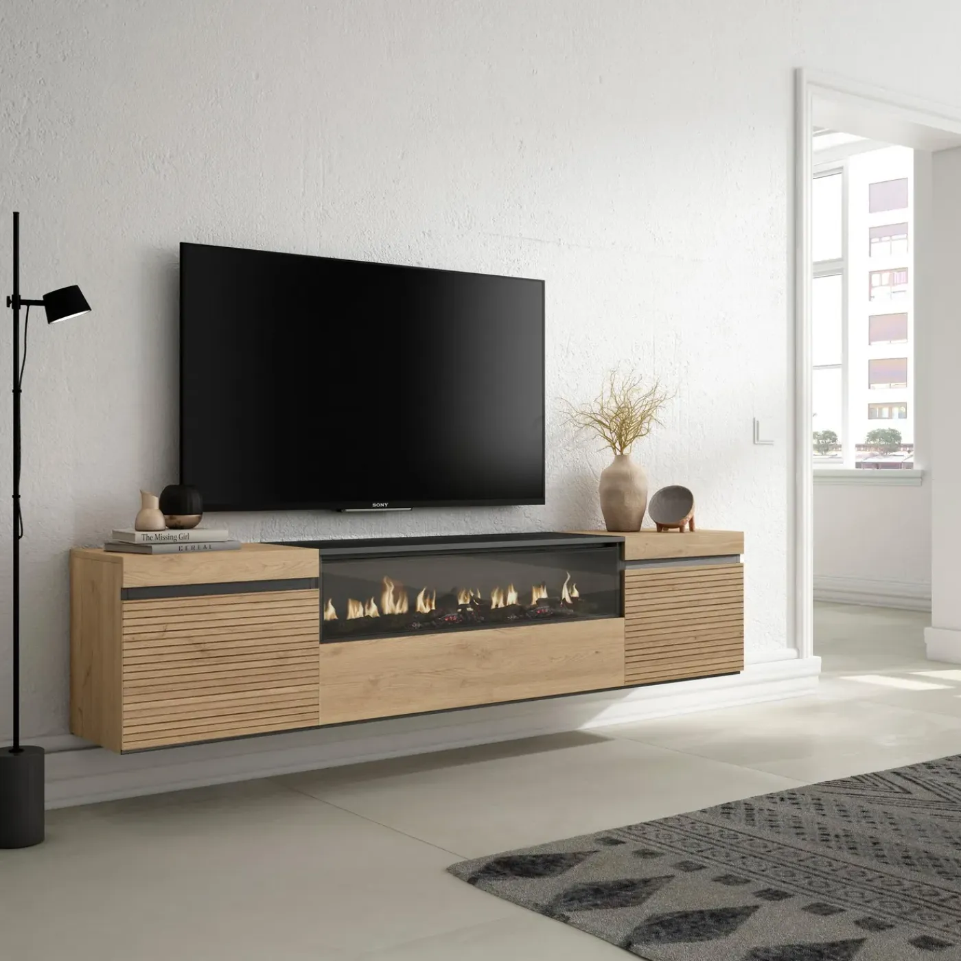 Skraut Home - Tv Meubel - Elektrische Haard - Hangend - 200x35x45 Cm - Eiken