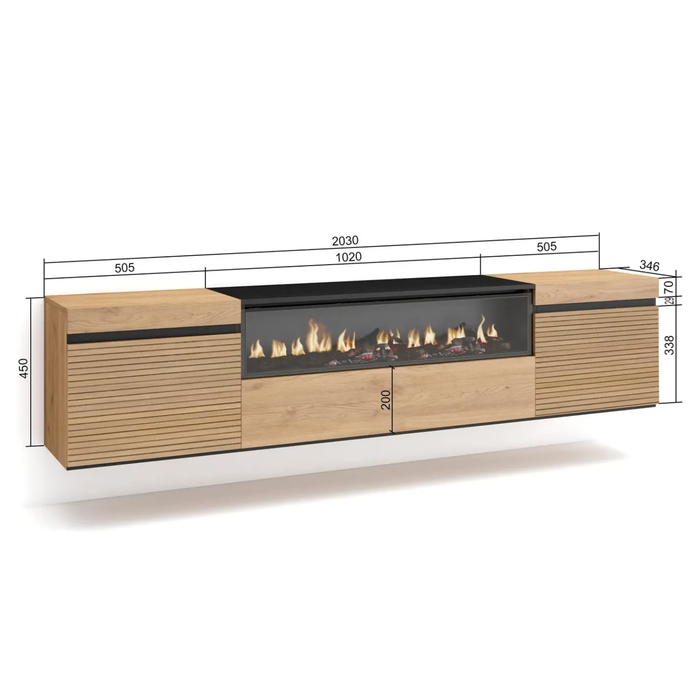Skraut Home - Tv Meubel - Elektrische Haard - Hangend - 200x35x45 Cm - Eiken
