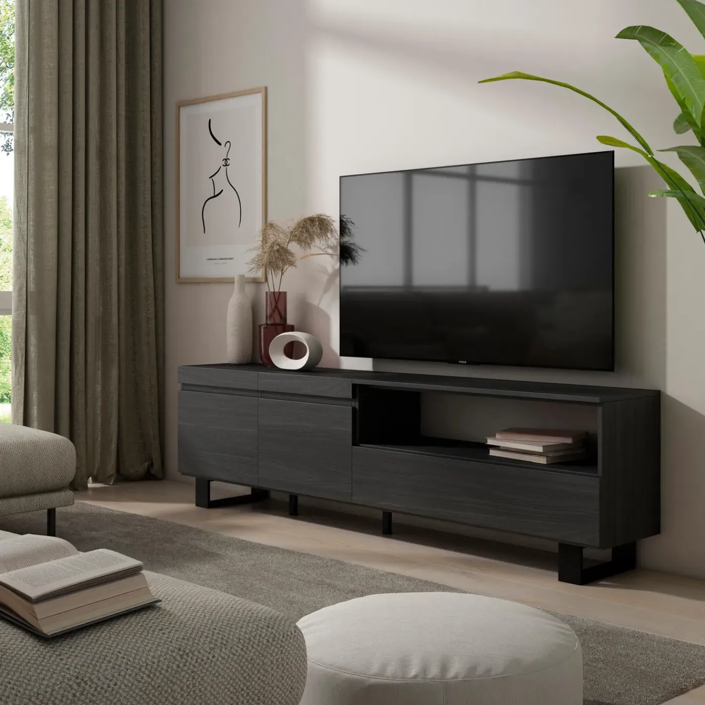 Skraut Home - Tv Meubel - Voor Tv's Tot 80" - 200x35x57 Cm - Zwart