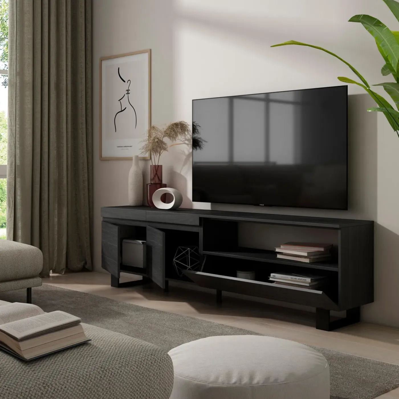 Skraut Home - Tv Meubel - Voor Tv's Tot 80" - 200x35x57 Cm - Zwart