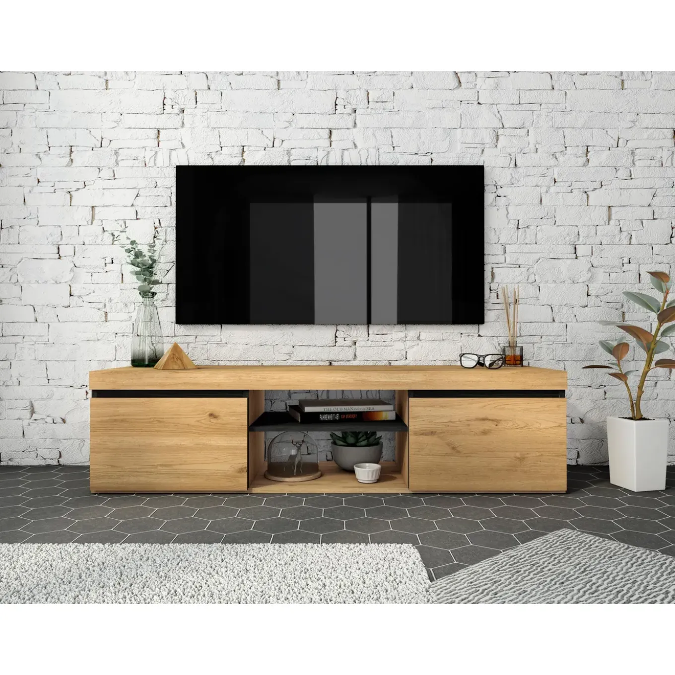 Skraut Home - Tv Meubel - 140x40x41 Cm - Eiken En Zwart