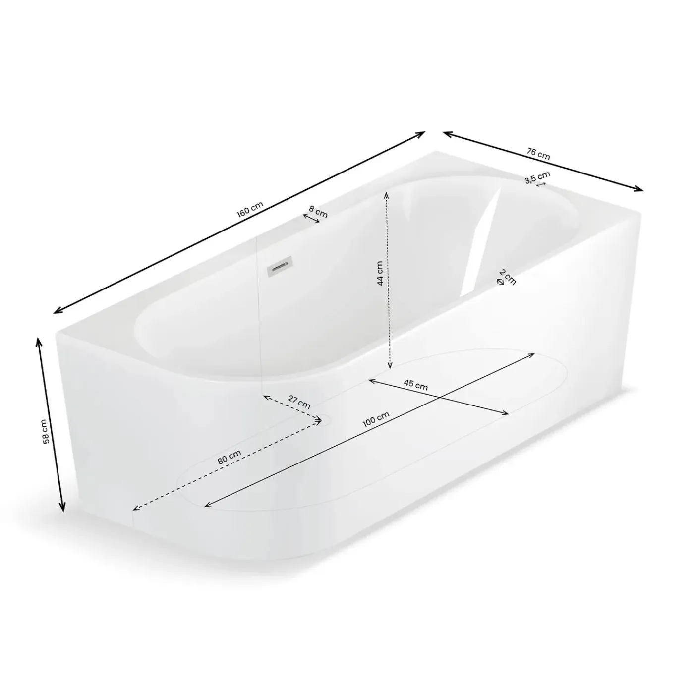 Spalina Paris Spalina - Vrijstaand Bad - Capri 160 Droite Blanche 160 X76 X58 Cm - Wit