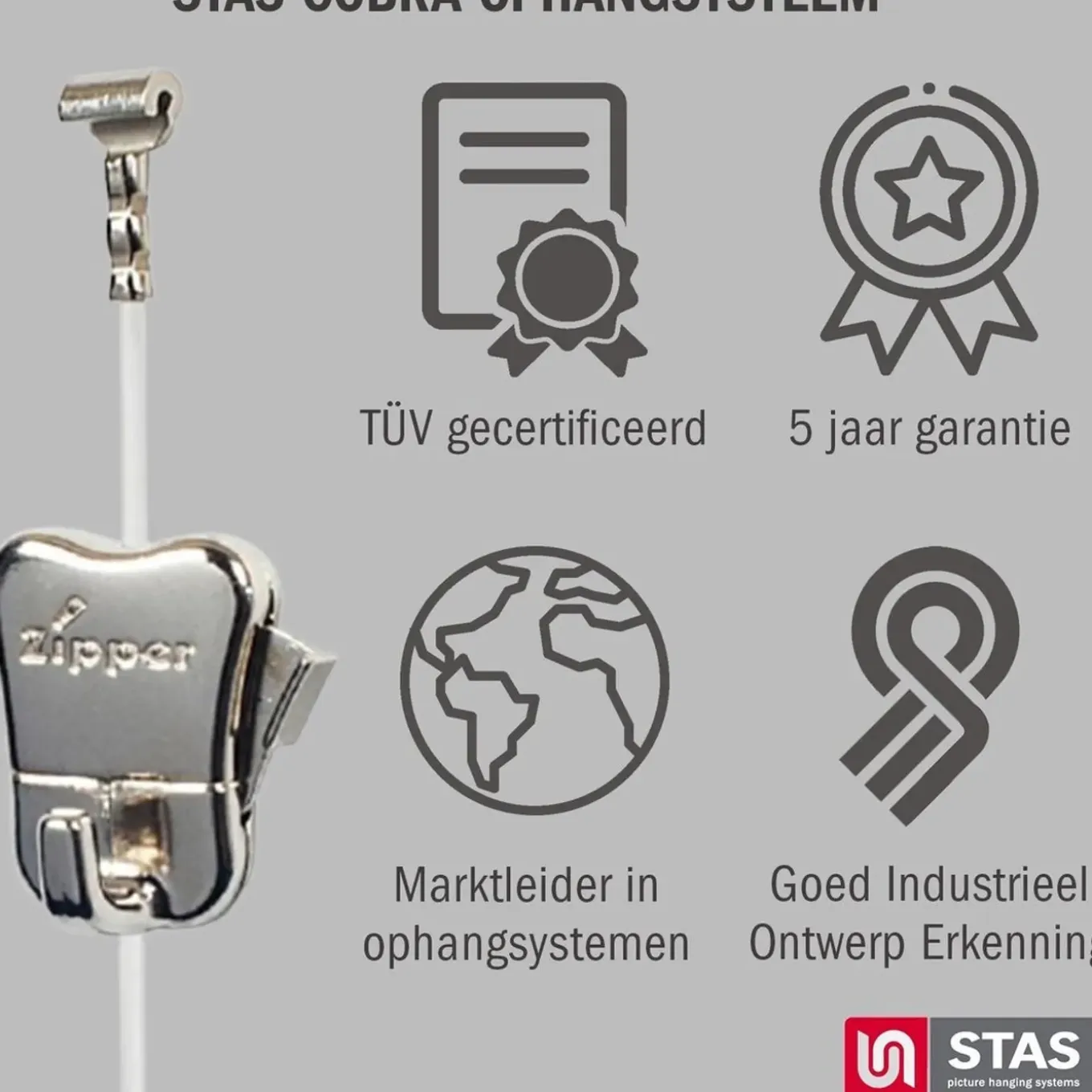STAS Ophangsysteem Cobra + Perlon Koord - 150 cm + Zipper (2 stuks)