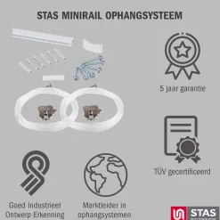 Stas Schilderijrail - Ophangsysteem Schilderijen - Minirail - 300cm - Wit - Complete Kit