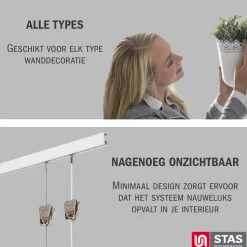 STAS picture hanging systems Stas Schilderijrail - Ophangsysteem Schilderijen - Minirail -150 Cm - Complete Kit - Wit