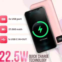 Strex Powerbank Roze - 27.000 Mah - 22.5w Snellader - Usb-a/usb-c - O.a. Voor Iphone/samsung