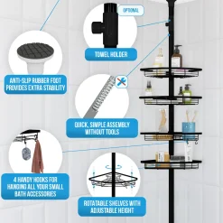 Strex Telescopisch Doucherek Rvs Zwart - Verstelbaar 70-275 Cm - 4 Mandjes - Zonder Boren/schroeven
