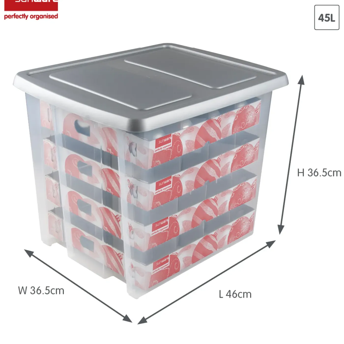 Sunware Nesta Kerst Opbergbox 45l Met Trays Voor 64 Ballen Transparant Grijs