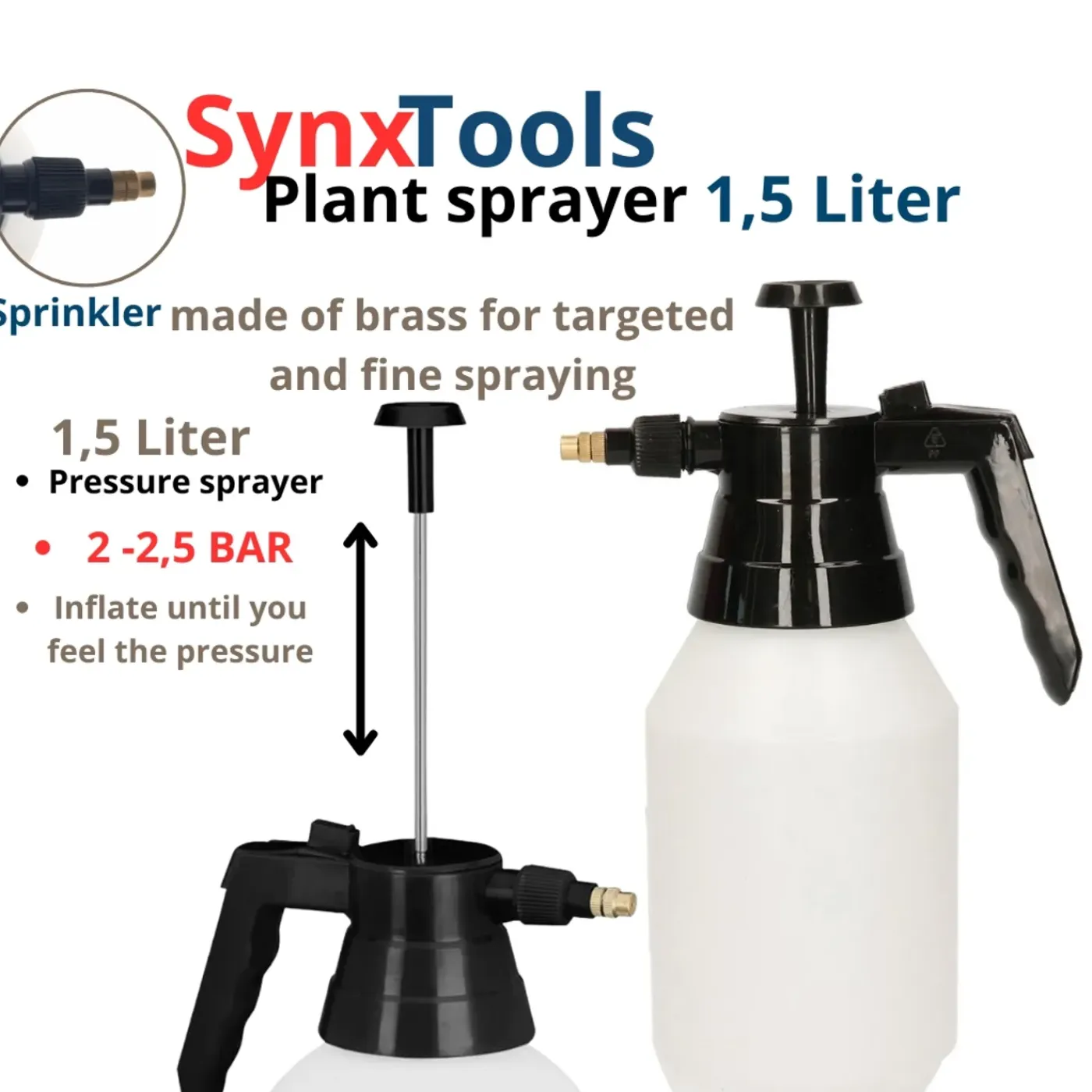 Synx Tools Hogedruk plantensproeier Drukspuit, 1.5 liter - druksproeier -plantenspuit / bewatering