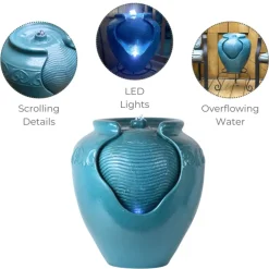 Teamson Home - Geglazuurde Pot Fontein - Led - Blauw Groen - Buiten
