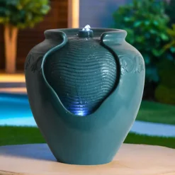 Teamson Home - Geglazuurde Pot Fontein - Led - Blauw Groen - Buiten