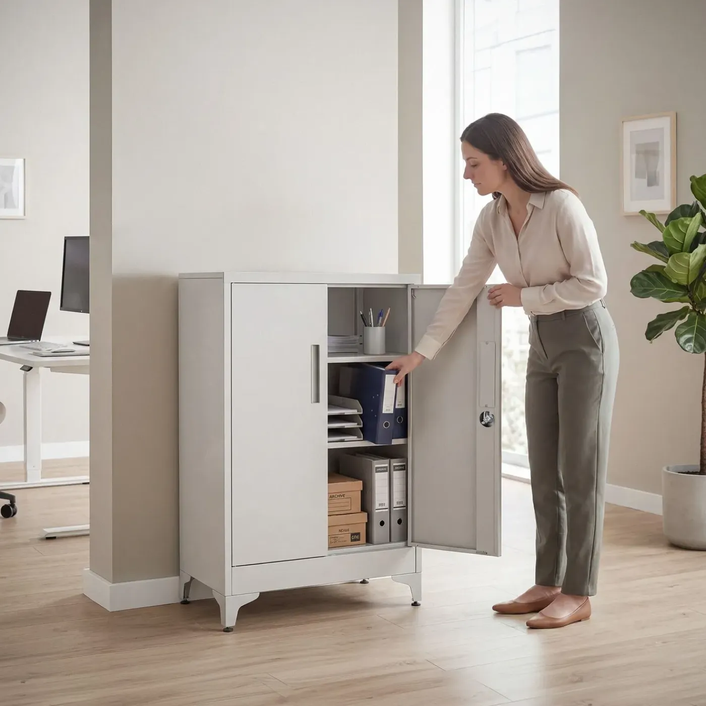 Tectake Archiefkast Grijs - 3 Verstelbare Vakken - 2 Deuren Met Slot - 60x40x100cm