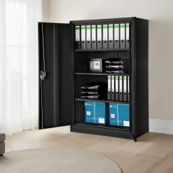Tectake Archiefkast - Zwart - Metalen - Met Slot - 4 Vakken - Verstelbare Planken