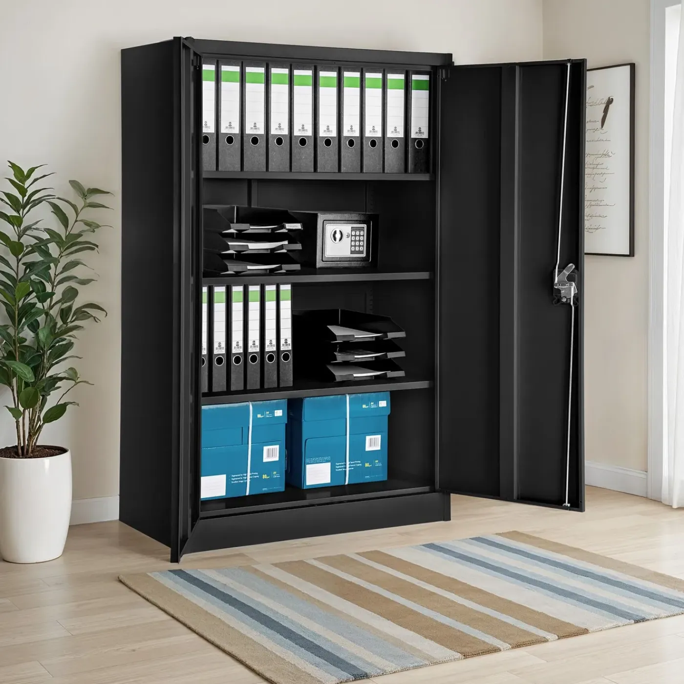 Tectake Archiefkast - Zwart - Metalen - Met Slot - 4 Vakken - Verstelbare Planken