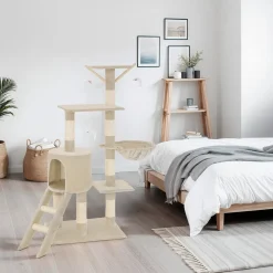 Tectake Krabpaal Dominik 144cm - Met Kattenhuisje - Beige